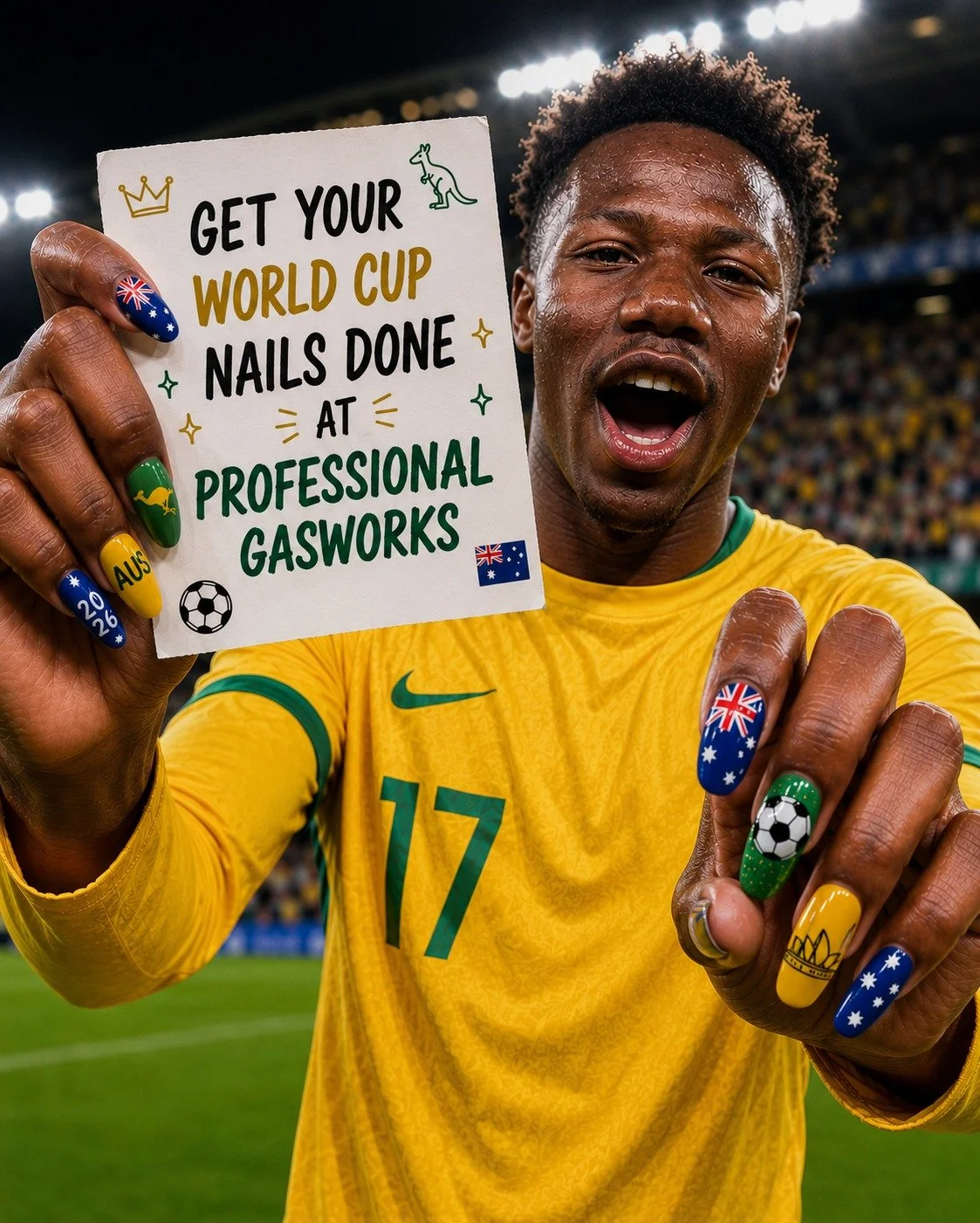 The Socceroos are chasing World Cup glory...⚽

We're chasing the perfect set. 💅✨

Penalty shootout? Stressful.
Smudged nails? UNACCEPTABLE.

Get game-day ready with our World Cup inspired nail art featuring Australian colours, soccer-inspired design
