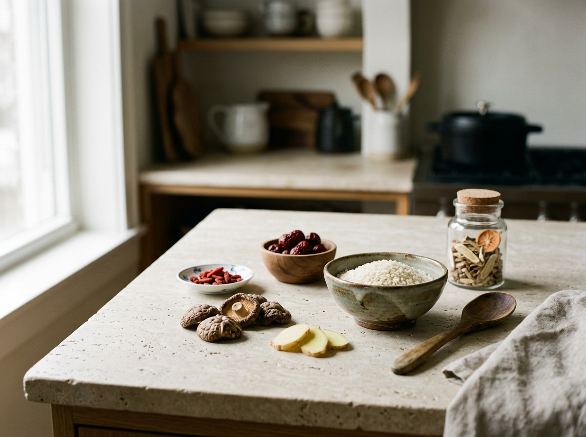 Ingredients for Chinese congee, including rice and ginger, for a traditional nourishing rice porridge recipe.