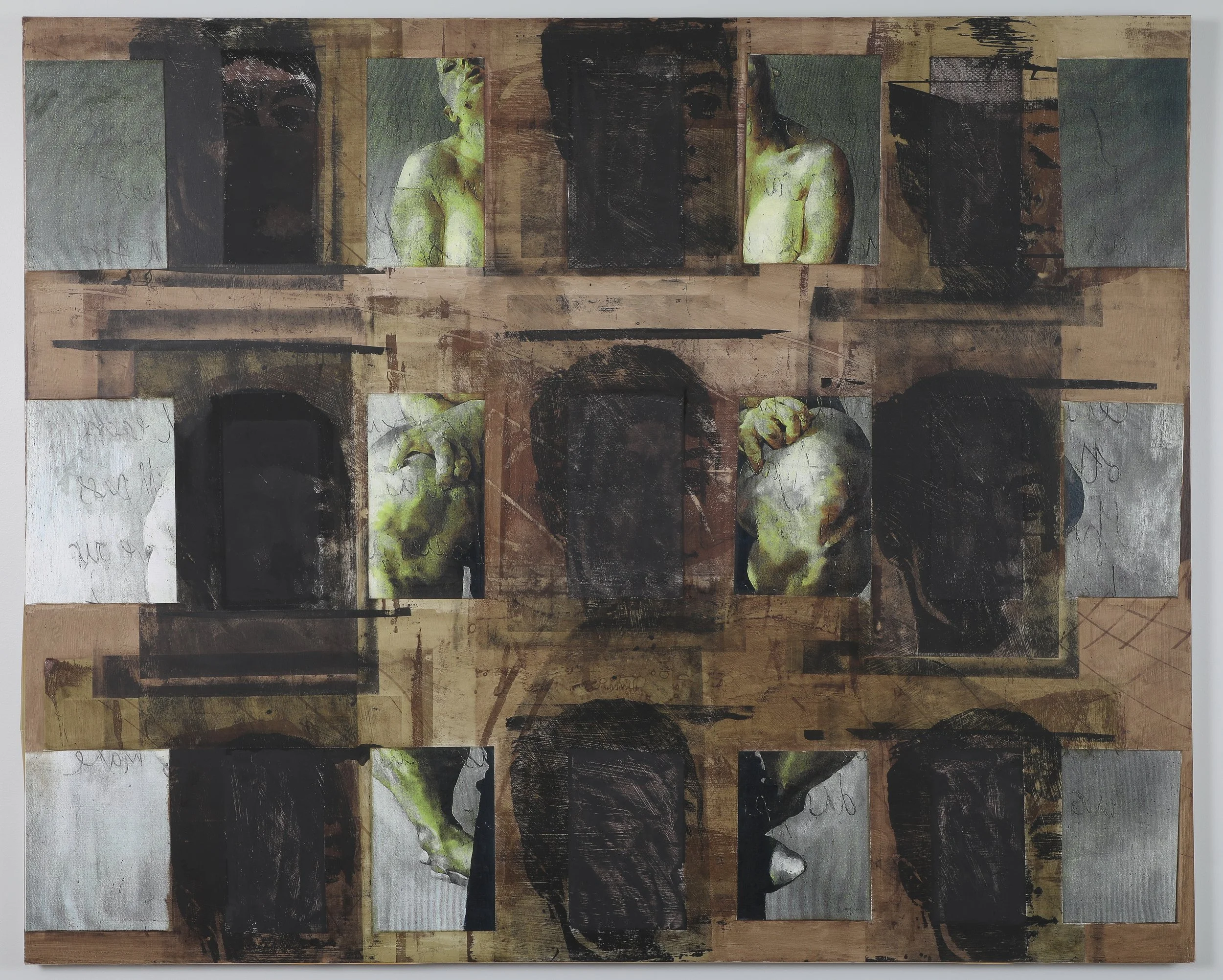 "Reconnections I", 60" x 48", oil on panel with collage and silkscreen, 1997
