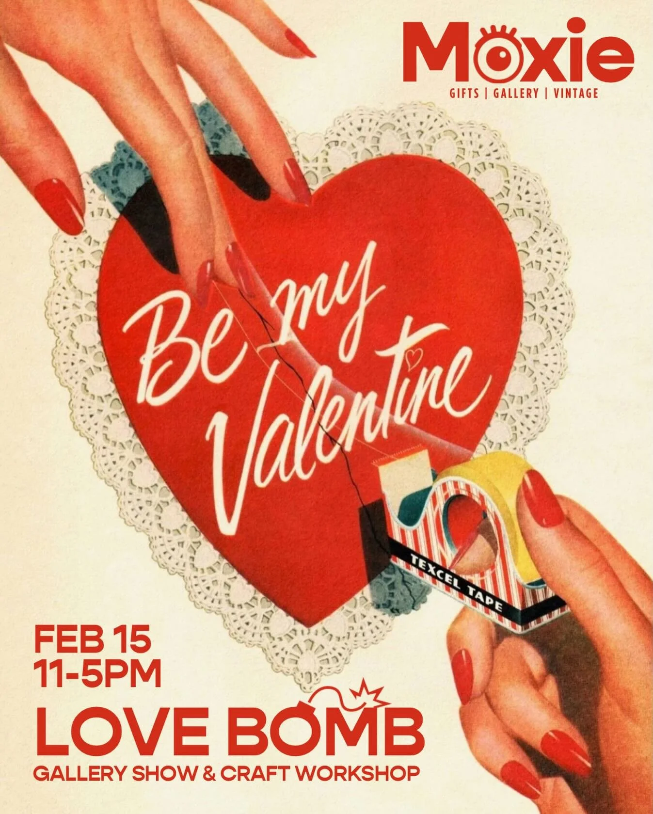 Save the date 💘 Swing by the shop on Sunday, February 15th for LOVE BOMB. 

A dreamy day of local sips &amp; sweets, complimentary crafts, and the unveil of Moxie&rsquo;s newest gallery exhibition: LOVE BOMB, a visual storytelling of love or lack th