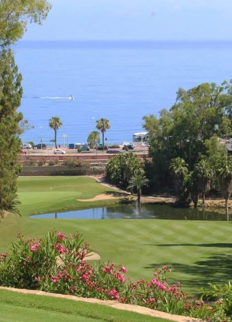A golf course with green grass, pink flowers, and palm trees, overlooking a body of water with a boat in the distance.