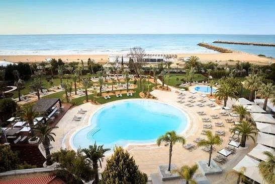 A view of a resort pool area with lounge chairs, umbrellas, palm trees, and a large swimming pool overlooking the beach and ocean in the background.