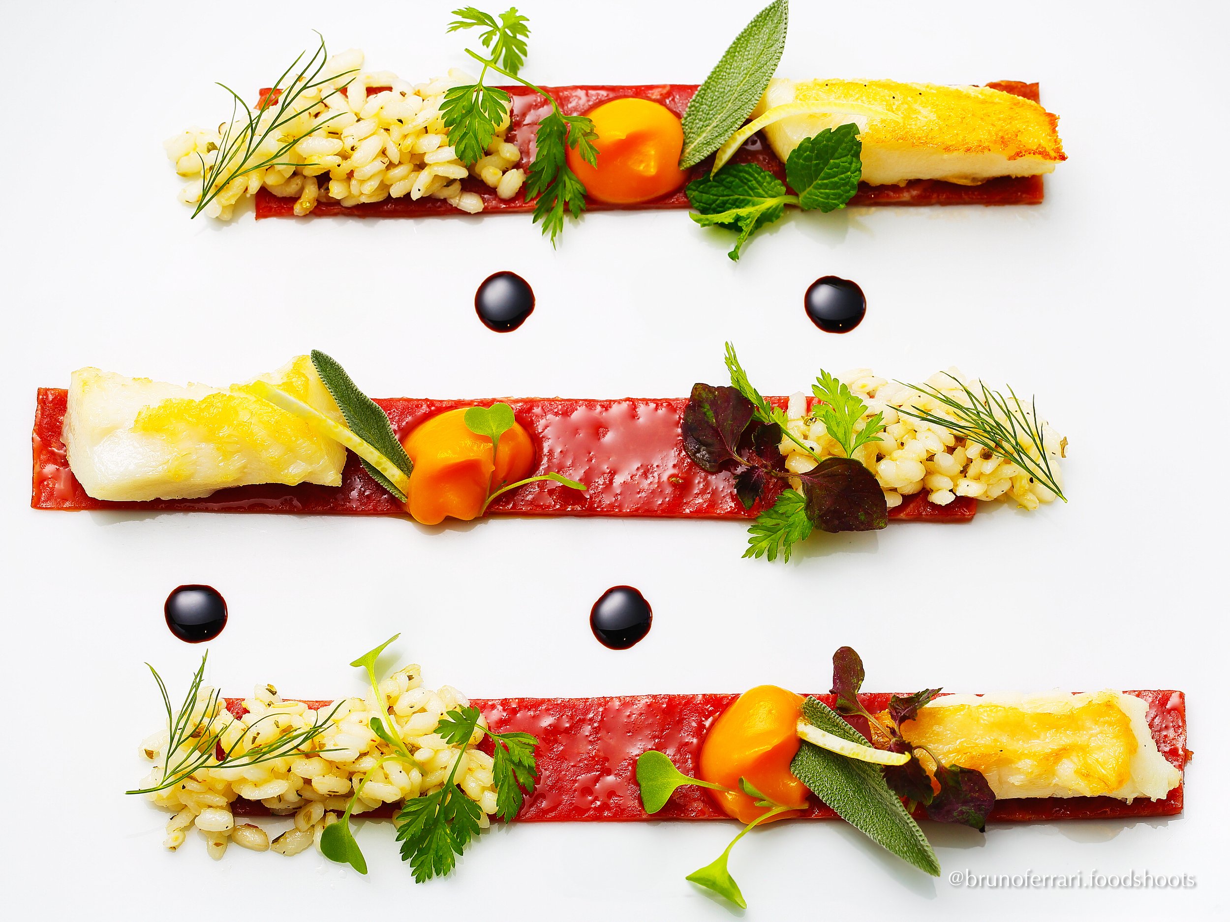 beef waguy carpaccio, black cod fish, pumpking sauce, fried rice, and sage , gambero rosso 3 forchette