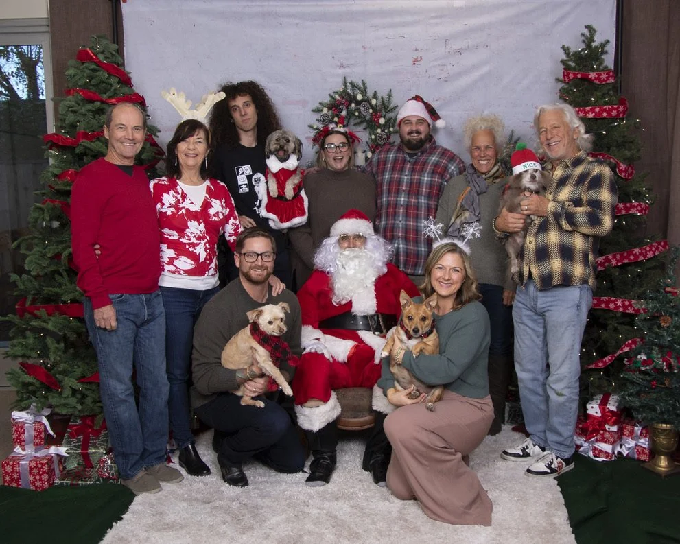 Group of people and dogs gathered for a Christmas celebration in front of decorated Christmas trees and wrapped presents.