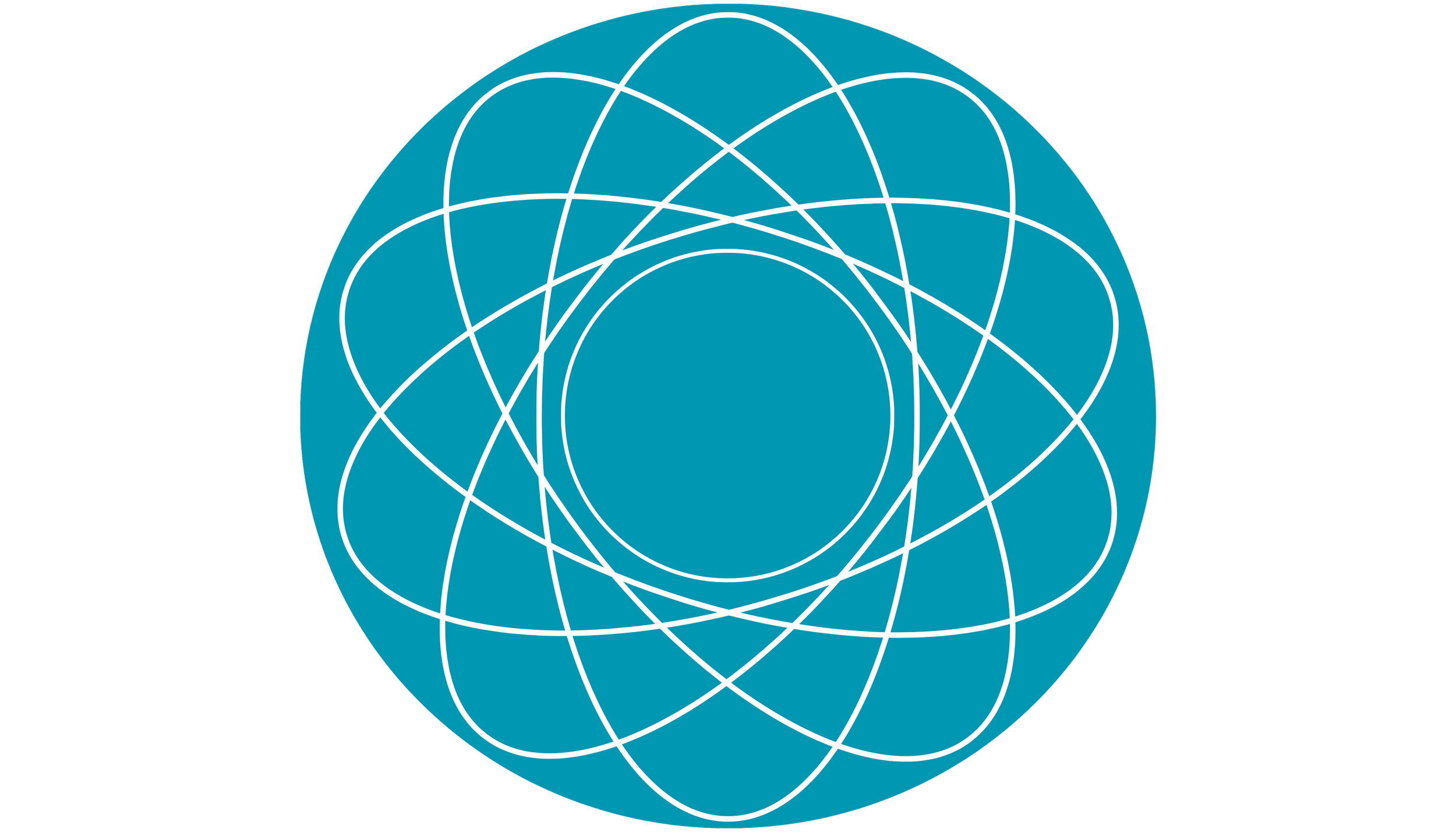 A stylized atom symbol with a blue circular nucleus and white elliptical electron orbits against a black background.