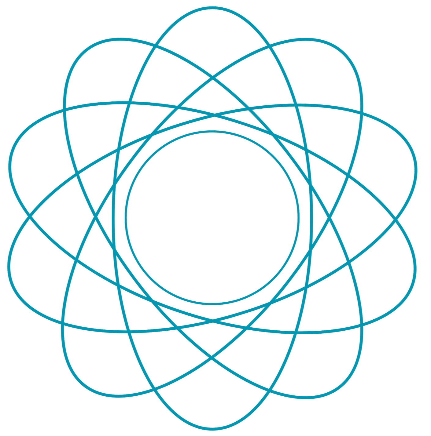 A geometric abstract design with blue polygonal lines forming overlapping loops on a black background.