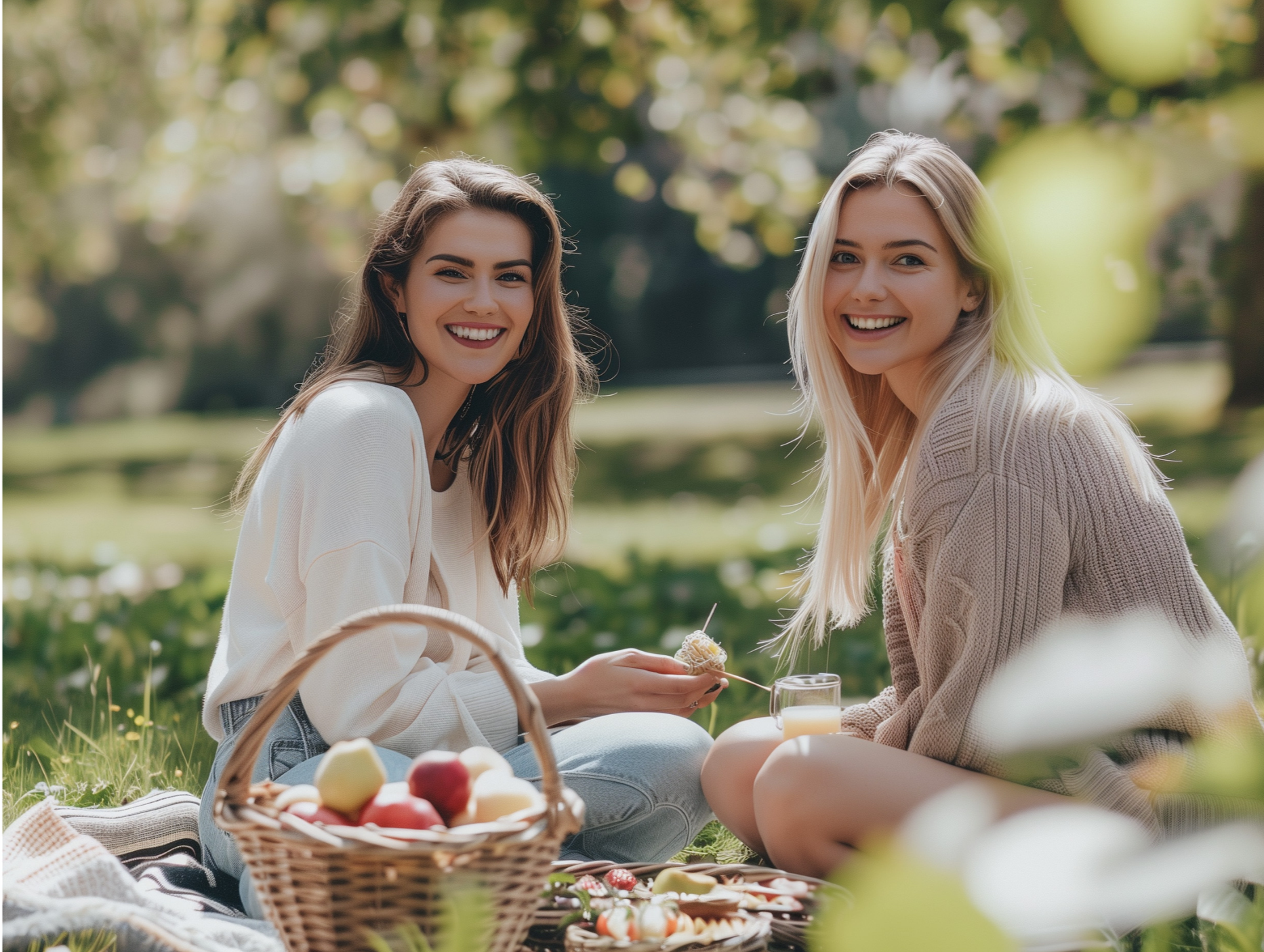 Two young women having a picnic outdoors on a sunny day. They are sitting on a blanket with a basket of apples, a glass of juice, and assorted snacks. They are smiling and enjoying each other's company, surrounded by greenery and trees.
