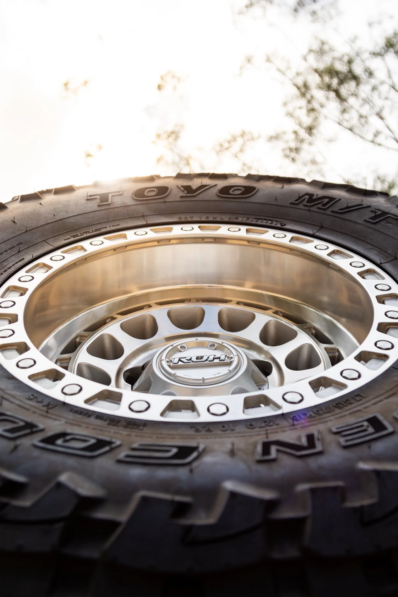 Close-up of a RAYS wheels with Toyo tires, set against a background of the sky and tree branches.