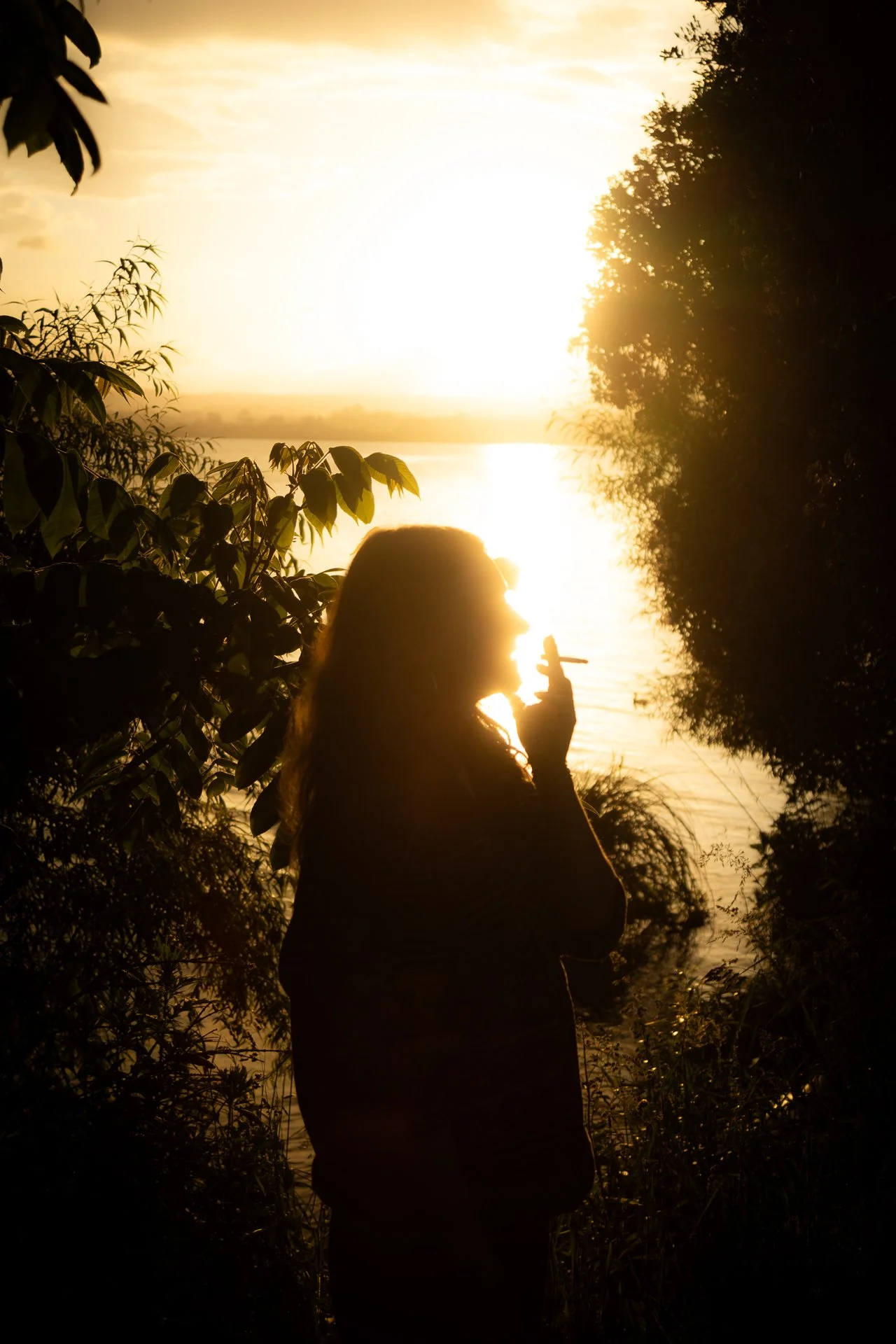 Silhouette of a woman smoking cigarette by a lake at sunset, framed by trees and foliage.
