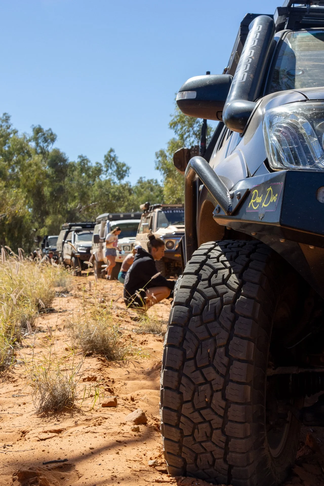 Off-road vehicles parked in a desert, with people crouched down among small bushes and sand, under a clear blue sky.