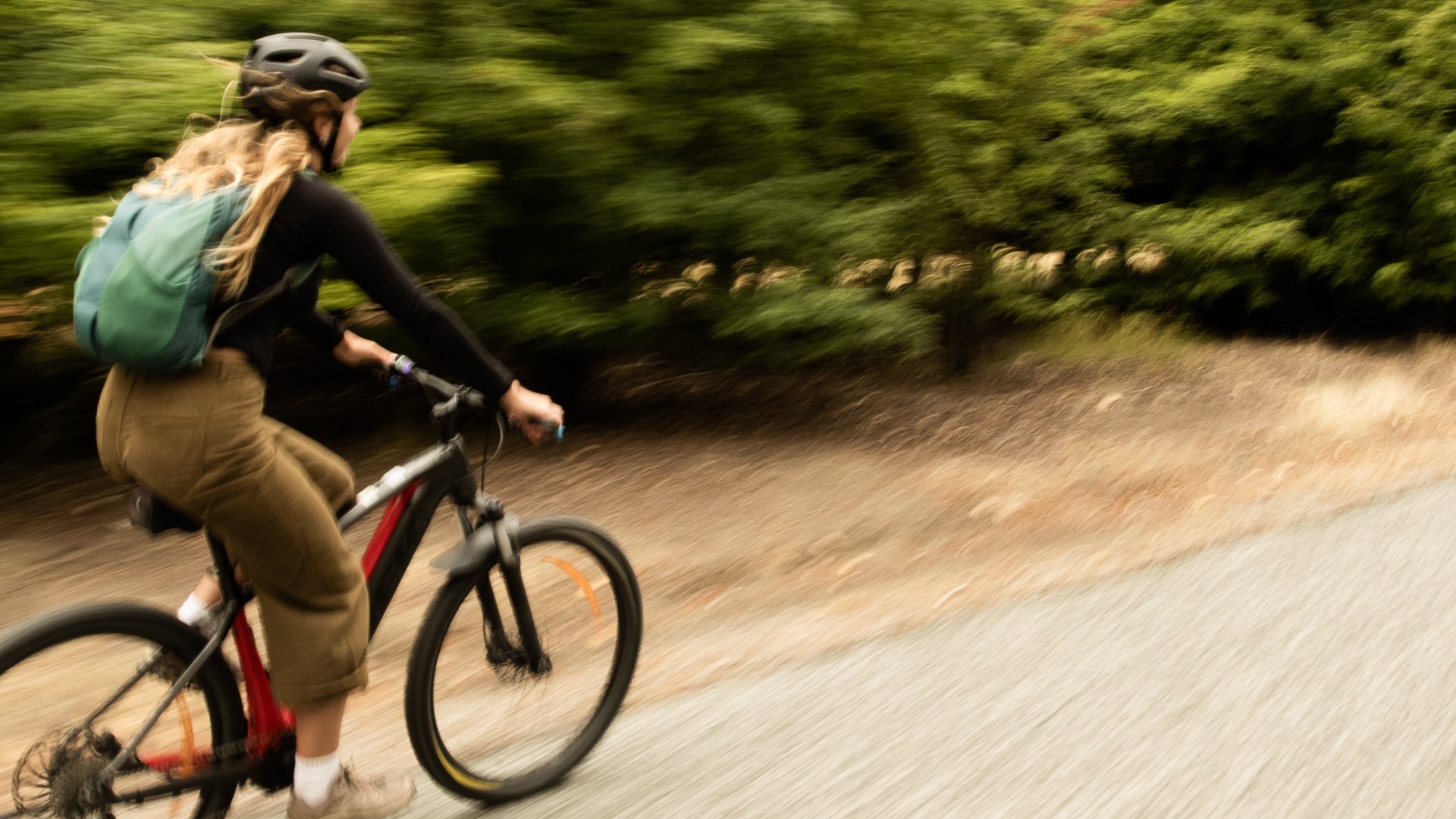 Person riding a bicycle along a dirt path surrounded by green trees and foliage, wearing a helmet and backpack.