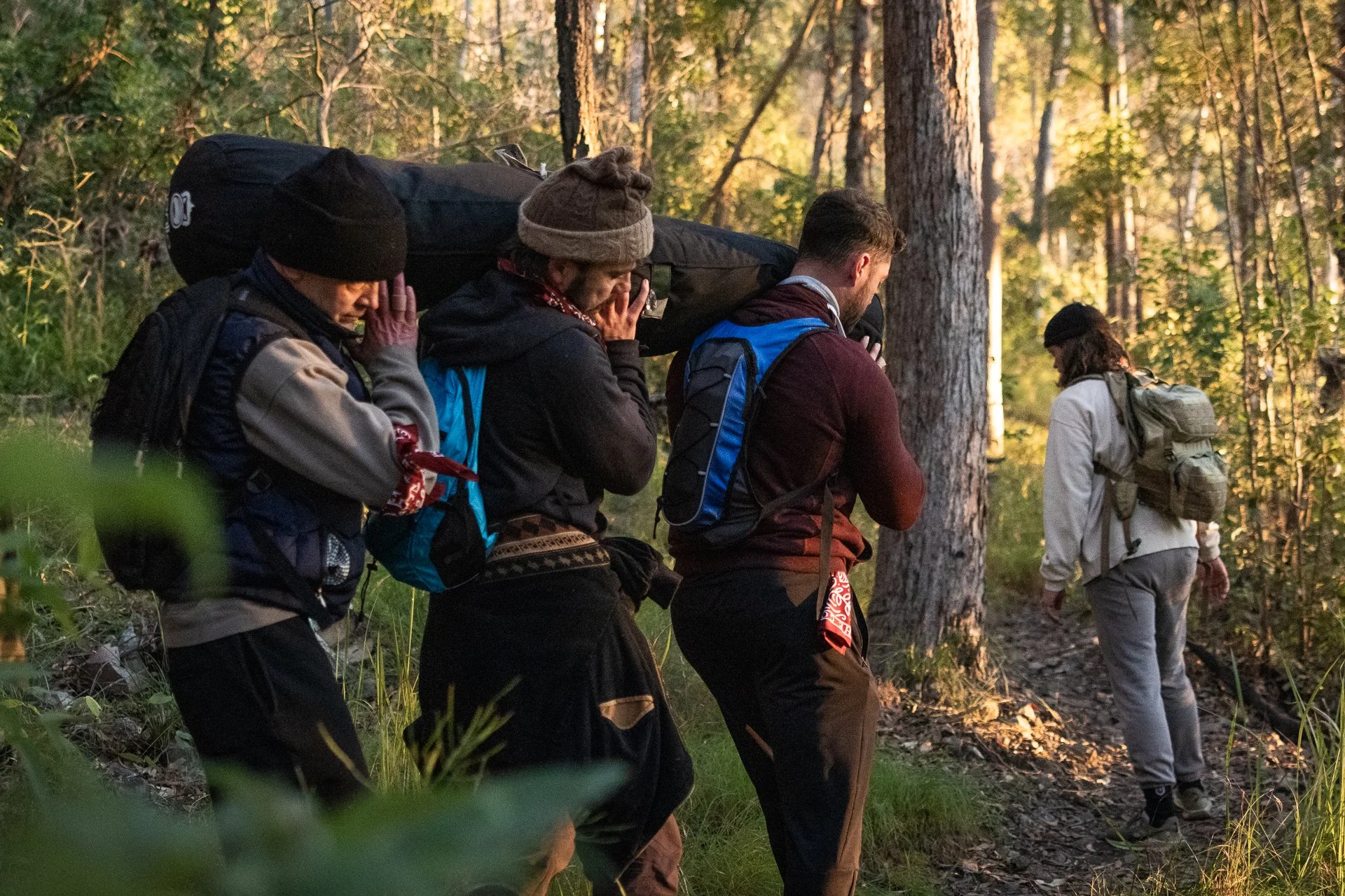 A group of hikers walking along a wooded trail in the woods during sunset, carrying backpacks and dressed in outdoor gear.