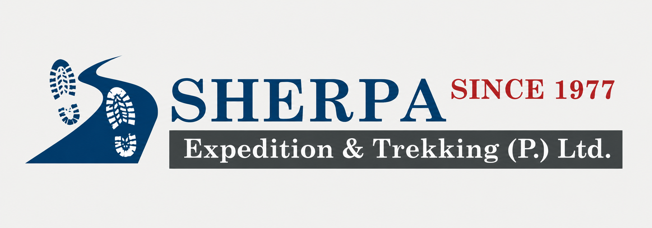 Logo for Sherpa Expedition & Trekking, established in 1977, featuring a stylized blue trek trail with footprints.