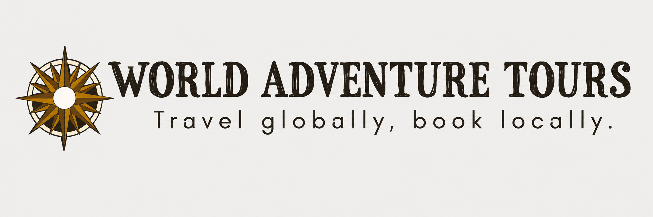 Logo for World Adventure Tours featuring a compass rose and the tagline "Travel globally, book locally."