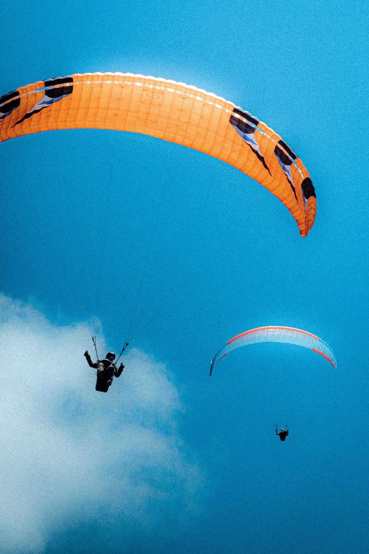 Two paragliders flying in a bright blue sky, one with an orange wing and the other with a pink wing, both with visible harnesses and pilots.