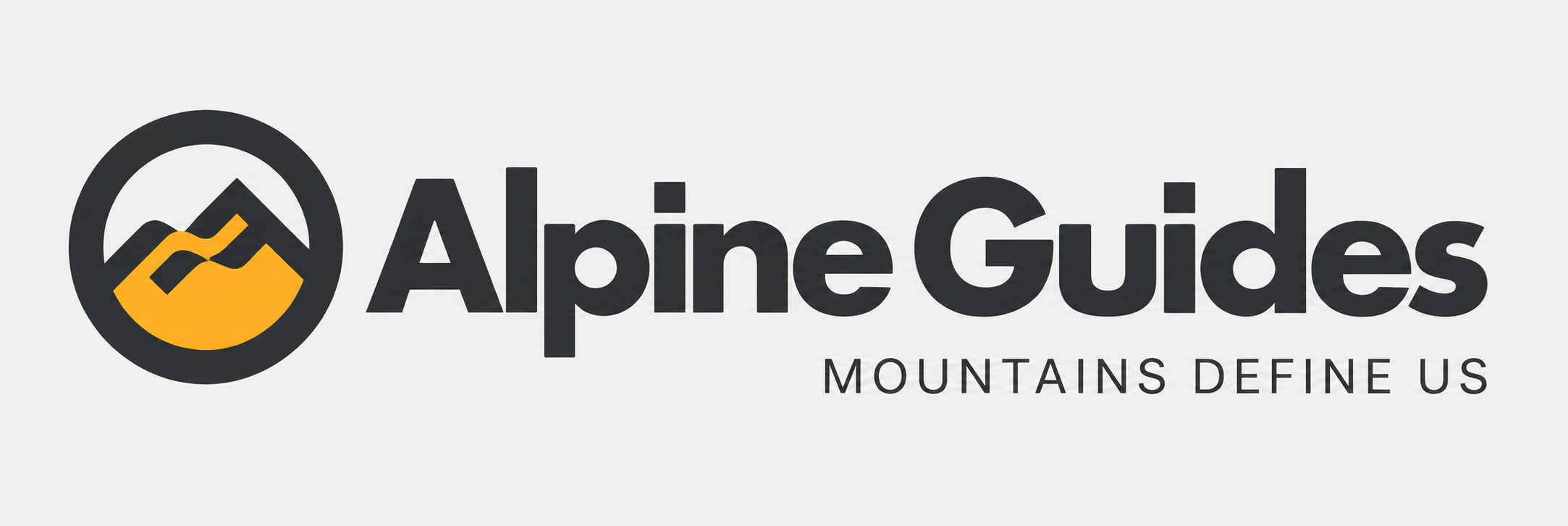 Alpine Guides logo with mountain graphic and the slogan 'Mountains Define Us' on a white background.