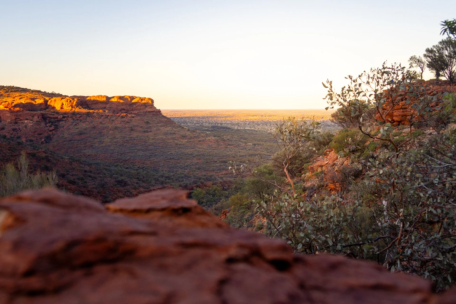 A desert landscape during sunset with rocky cliffs, sparse vegetation, and a clear sky.