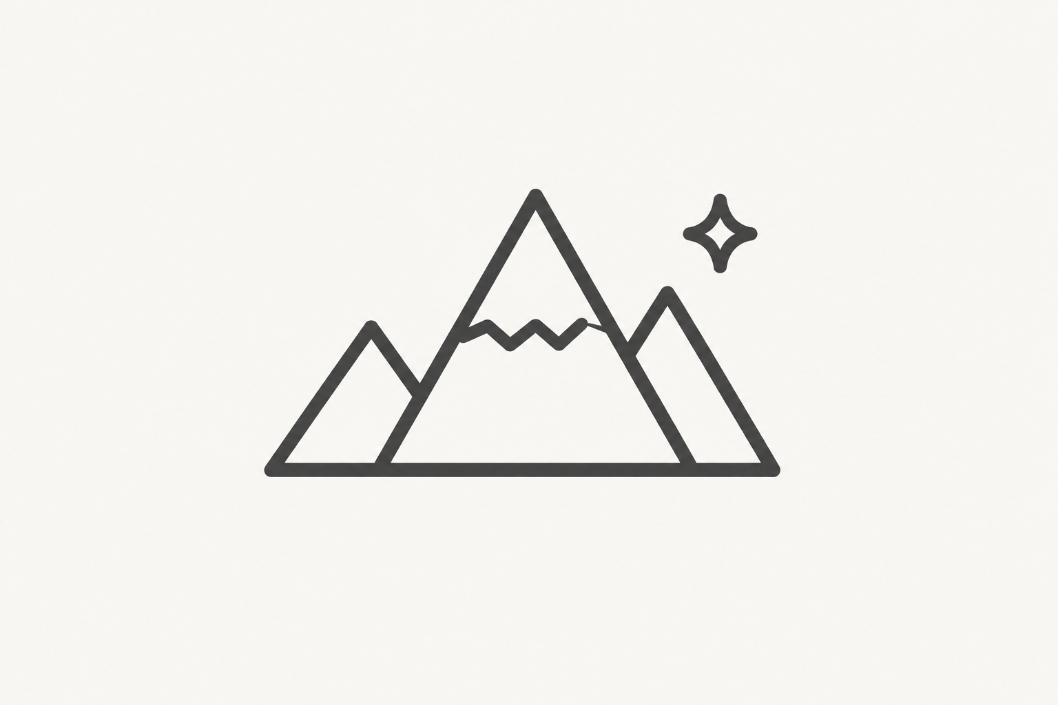 Line drawing of three mountains with a star in the sky.
