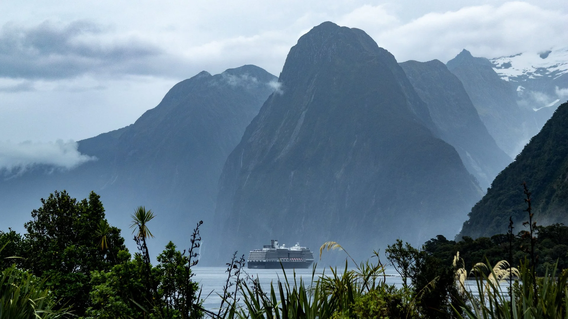 A large cruise ship sailing in a fjord surrounded by towering mountains with clouds around their peaks. Green vegetation in the foreground.