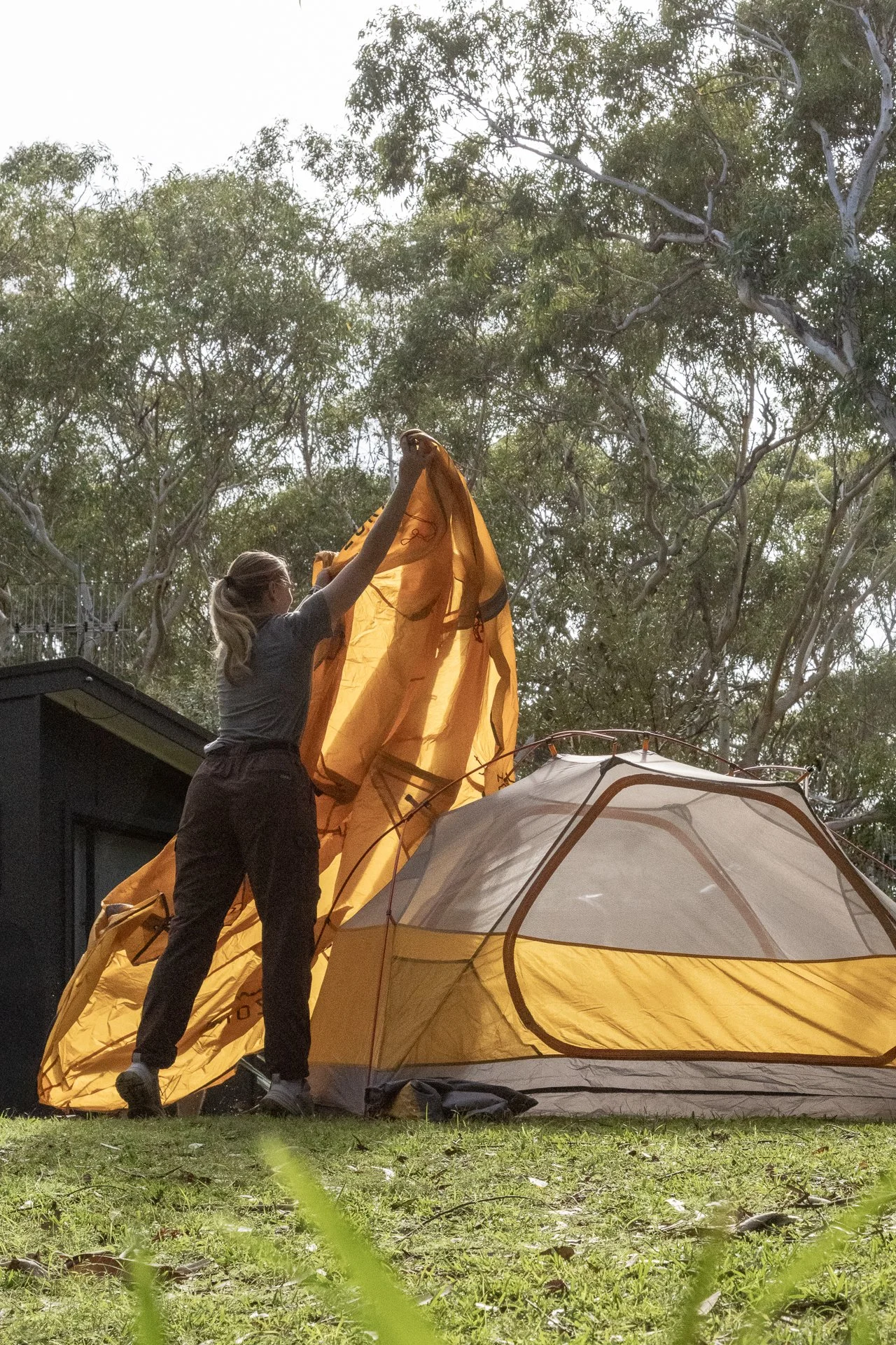 Person setting up a yellow camping tent in a wooded area during daytime.