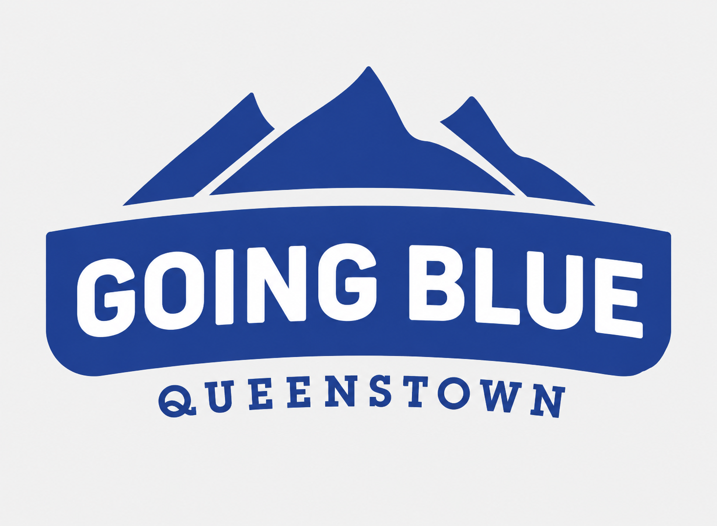 Logo with stylized mountains above a banner that reads 'Going Blue' and 'Queenstown' beneath.