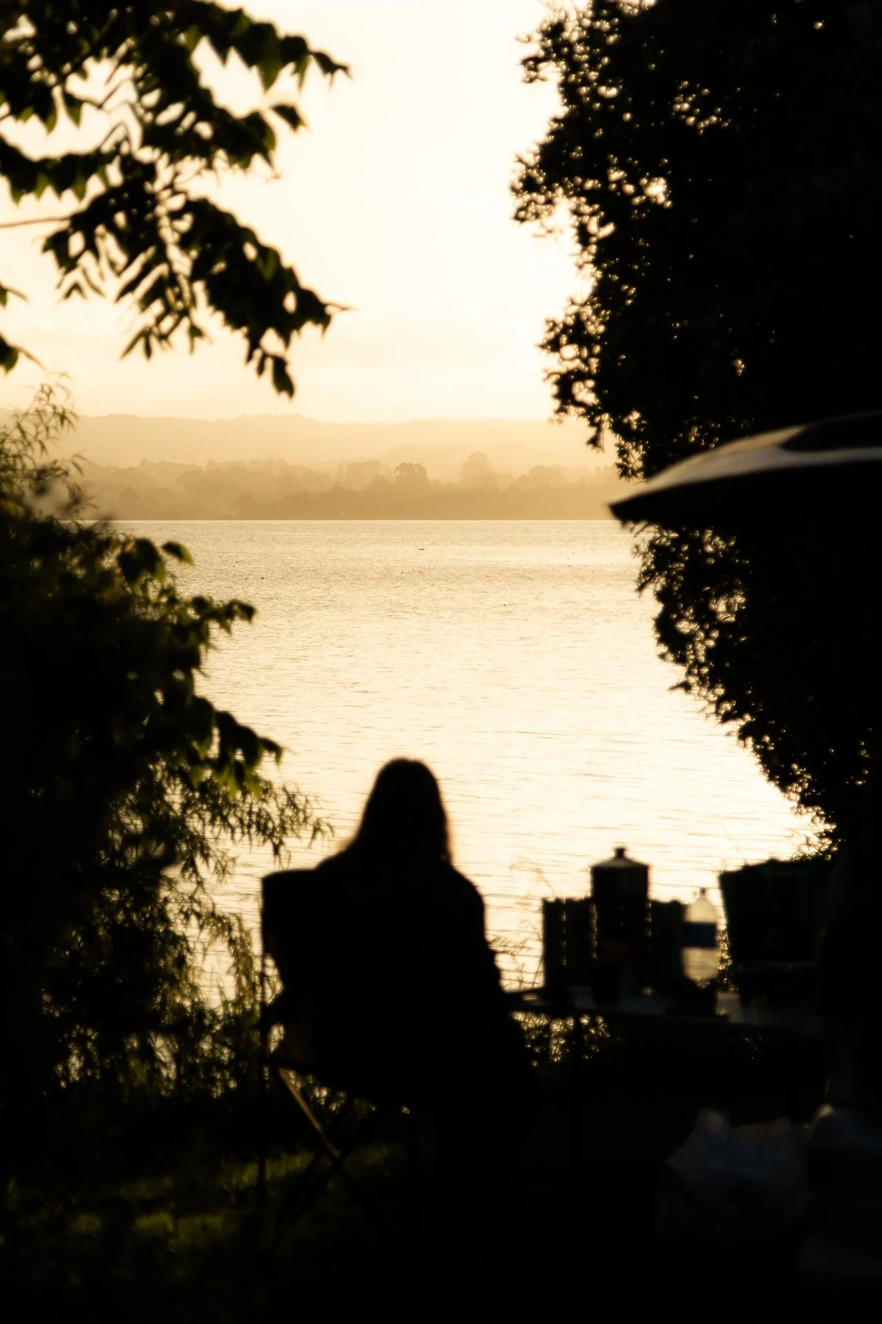 A person sitting outdoors by a lake at sunset, surrounded by trees, with a table and drinks nearby.