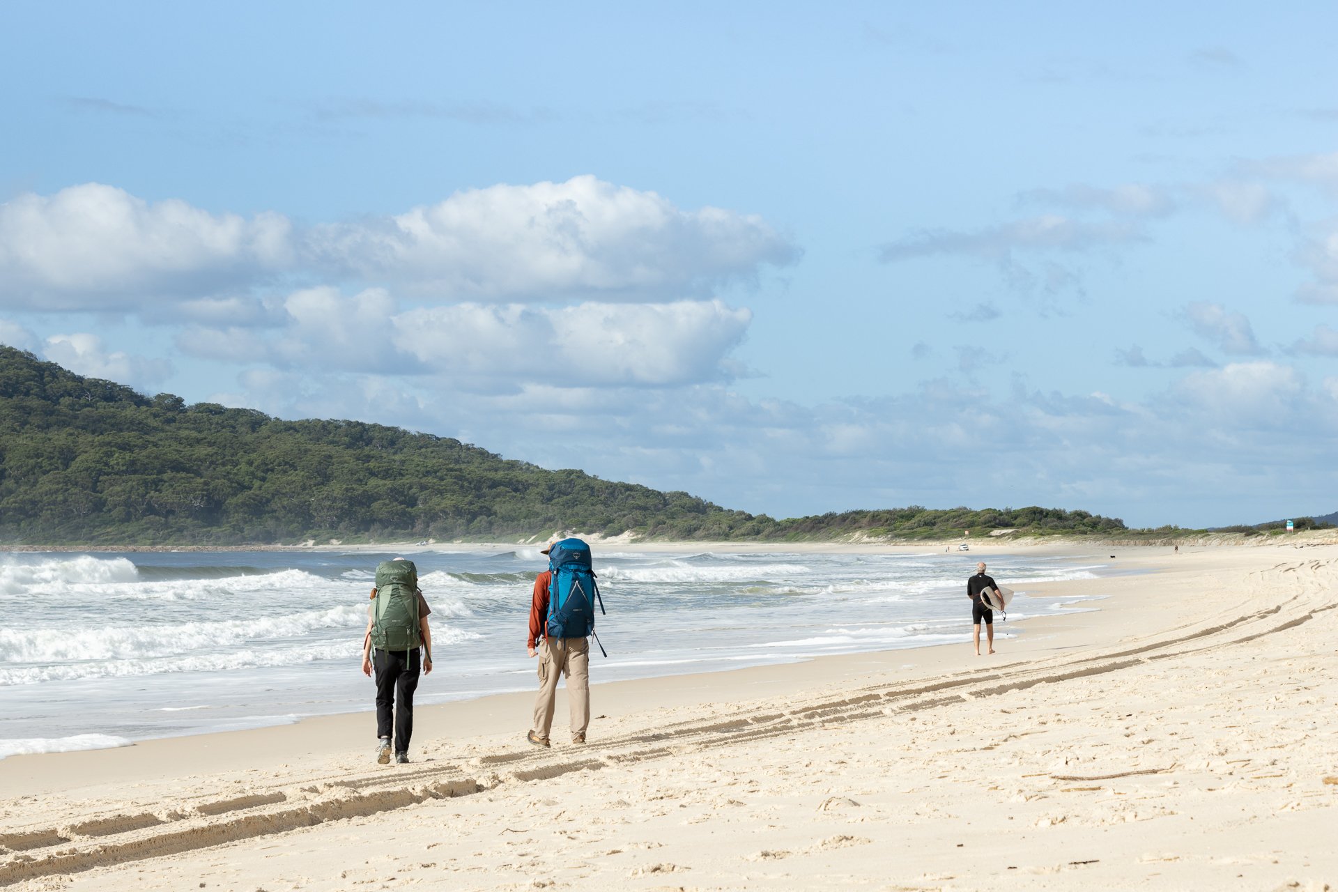 Four hikers with backpacks walk along a sandy beach near the ocean, with a green hillside and blue sky with clouds in the background.