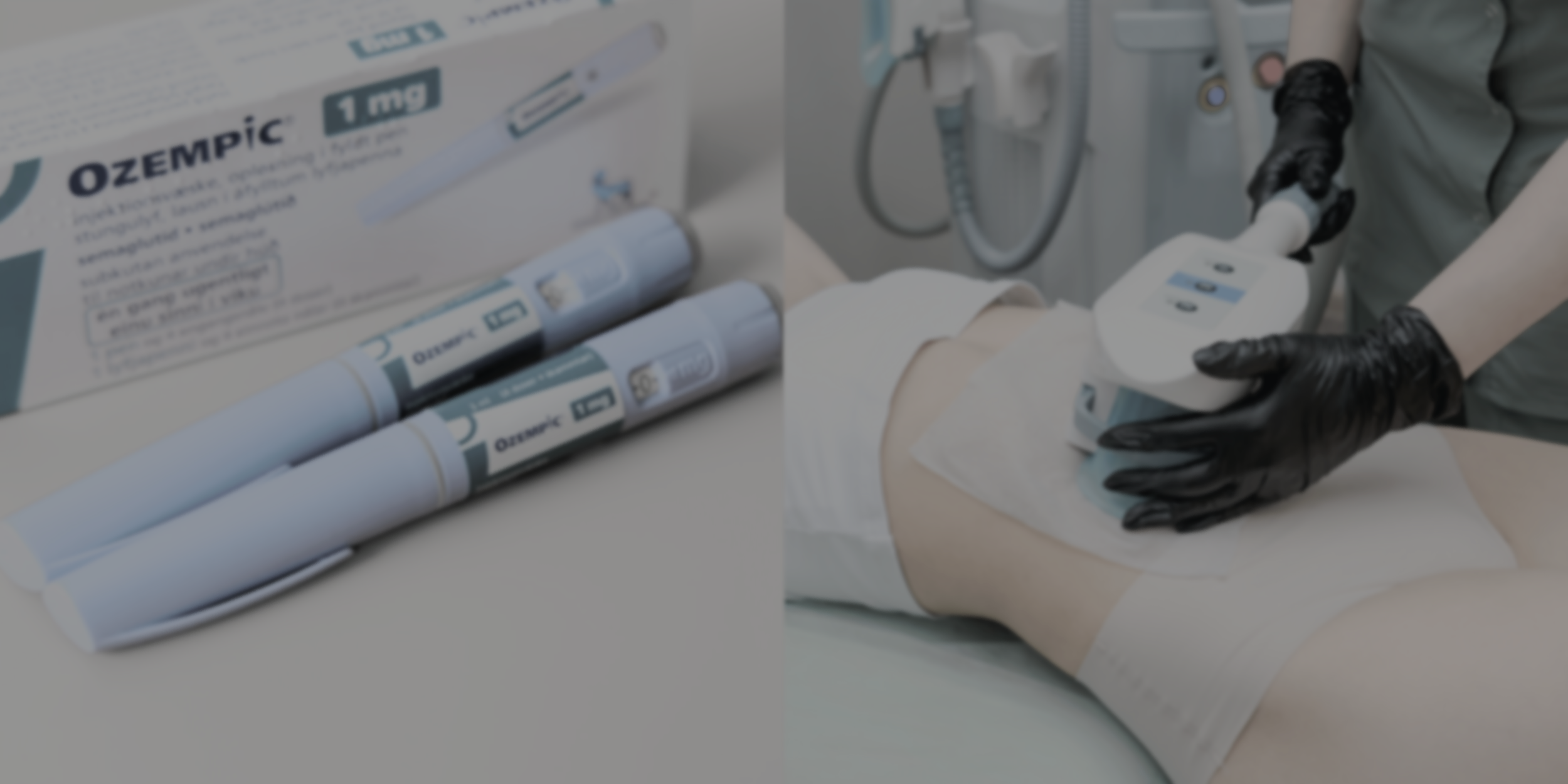 Comparison image showing Ozempic GLP-1 injection pens and non-invasive fat freezing treatment