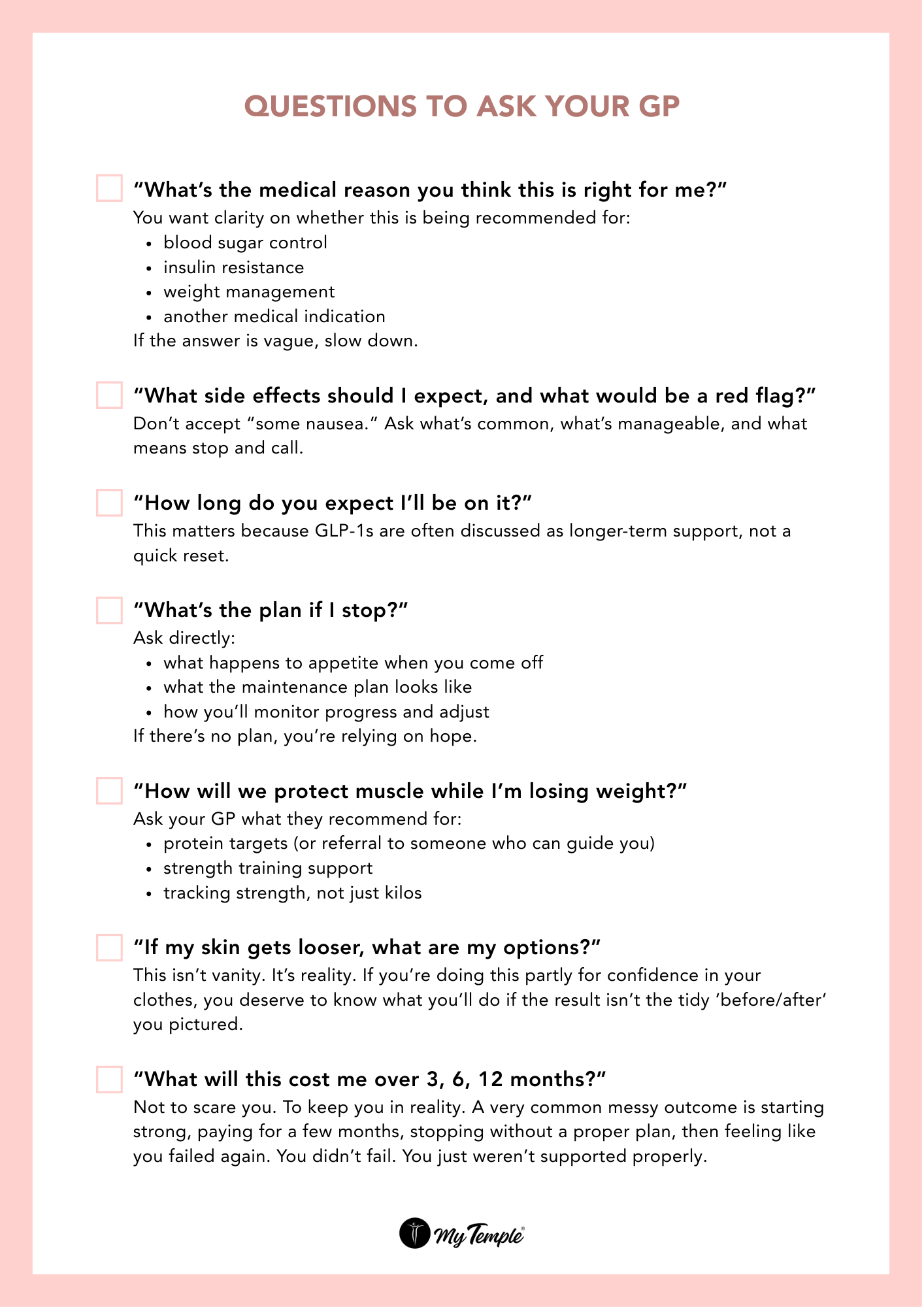 Checklist of questions to ask your GP before starting a GLP-1 medication.