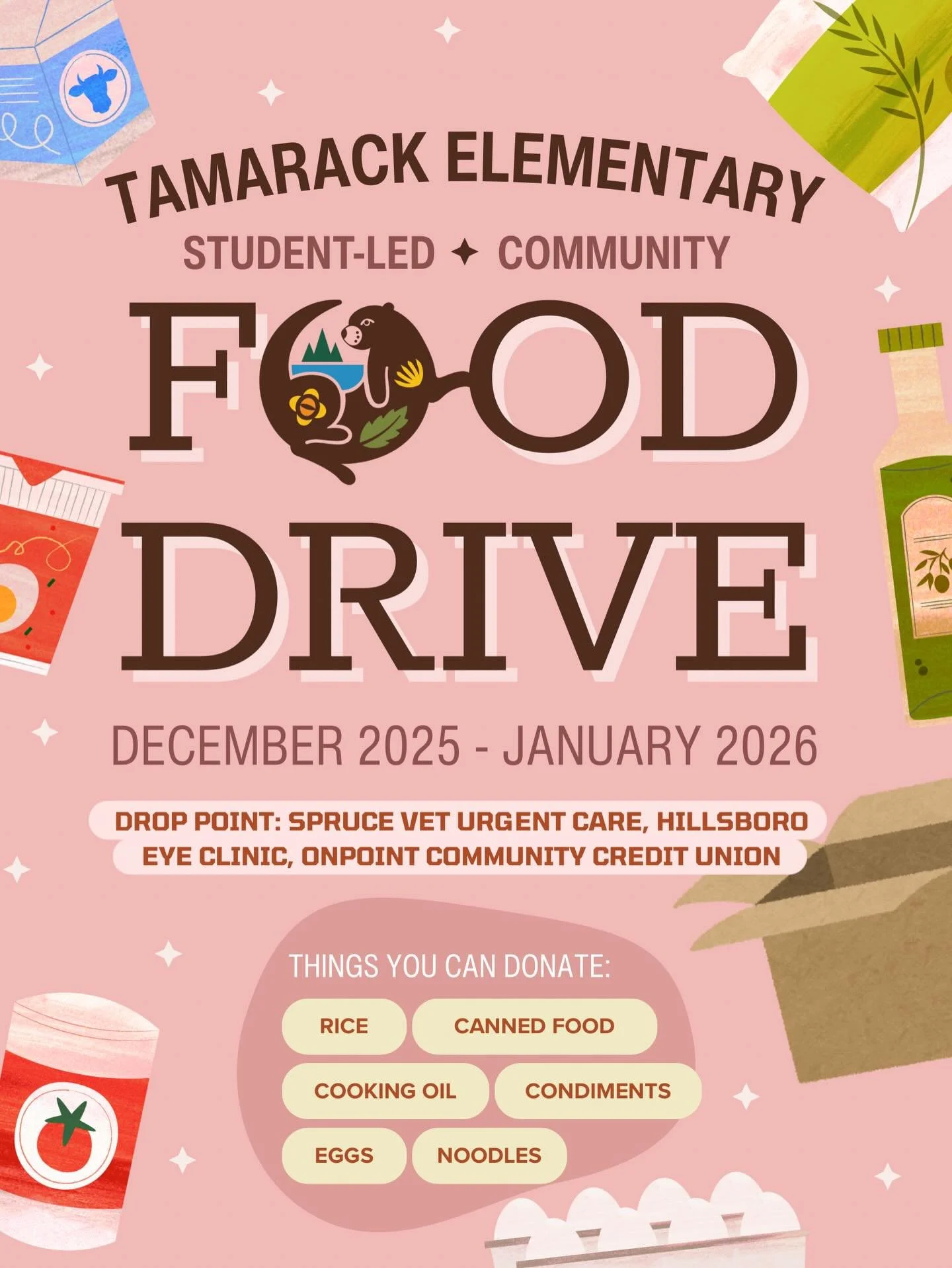 Tamarack Elementary is hosting a student-led community food drive through January 2026 🥫
Help our students make a big impact by donating canned goods, eggs, noodles, and other pantry staples.
Drop-off locations: Spruce Vet Urgent Care, Hillsboro Eye