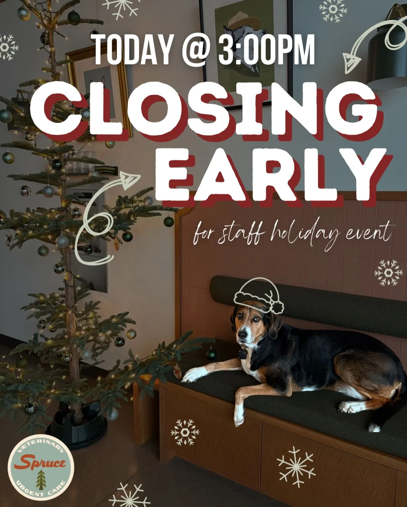 ✨ Holiday Schedule Update ✨
Spruce Vet Urgent Care will be closing at 3 PM today to celebrate with our amazing team 🎉
For emergency referrals, please visit the link in our bio to find nearby veterinary ERs.
&bull;
&bull;
&bull;
&bull;
&bull;
&bull;
