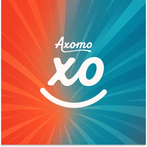 Axomo logo with XO smile logo on blue orange radial gradient