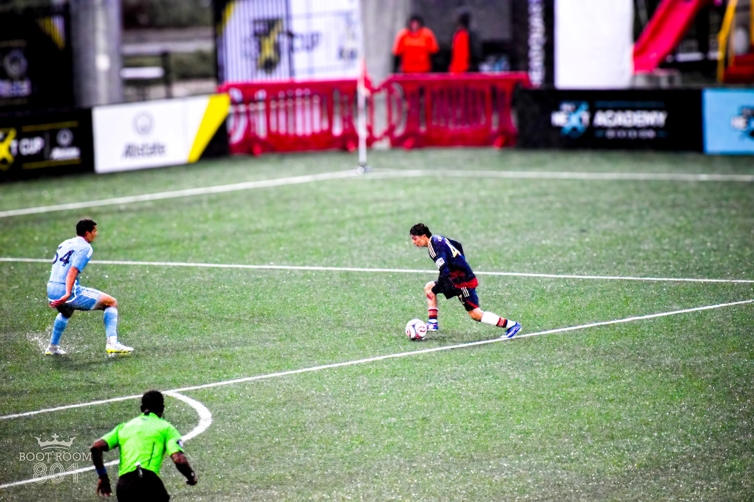 Real Monarchs’ forward Felix Ewald taking on a defender 1v1 on a rainy night in Herriman, Utah.