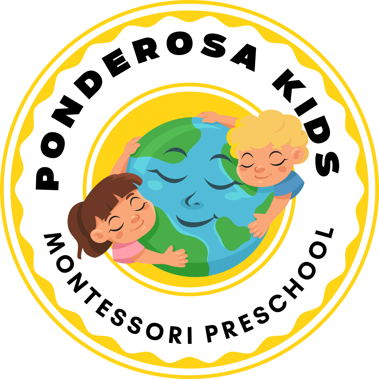 Logo of the Ponderosa Kids Montessori Preschool School, featuring a smiling globe hugging two children, one girl with brown hair and one boy with blonde curly hair.