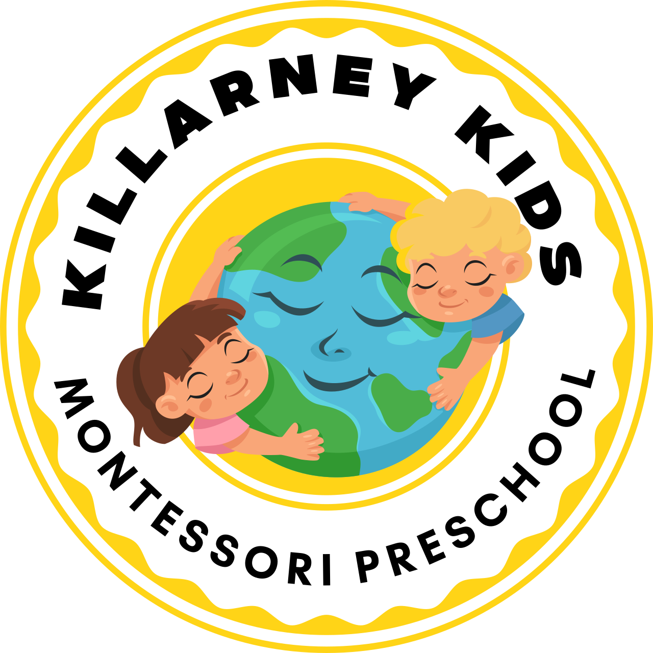 Logo of Kellery Kids Montessori Preschool featuring two children hugging a smiling Earth with a yellow and white decorative border.
