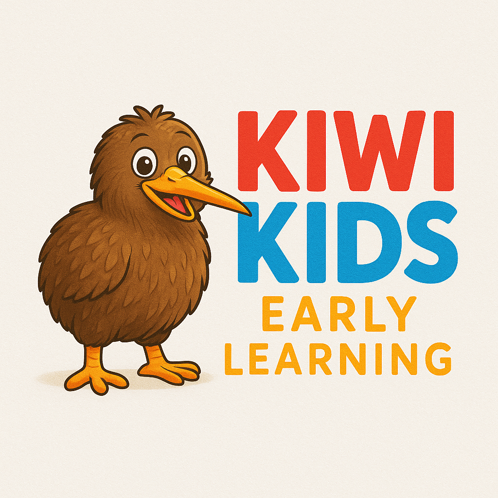 A cartoon bird with brown feathers, large eyes, and an orange beak standing next to colorful text that reads "KIWI KIDS EARLY LEARNING."