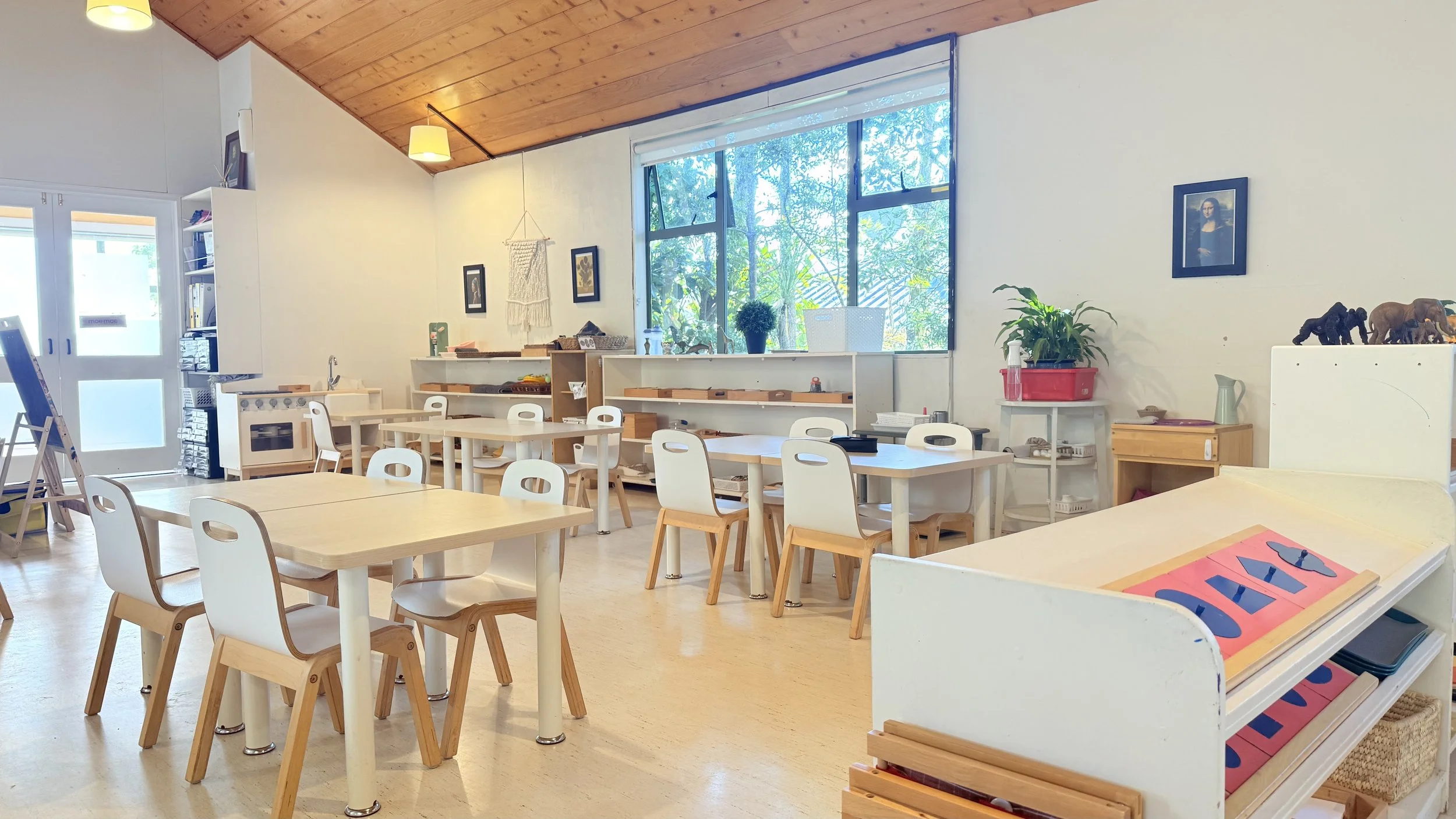 A bright, airy classroom with wooden ceiling and large window. Small wooden tables and white chairs are arranged around the room. Shelves with books and toys, potted plants, artwork, and educational materials decorate the space.
