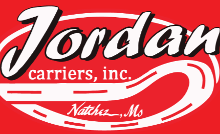 Logo of Jordan Carriers Inc., located in Natchez, Mississippi, with a red background and stylized text.