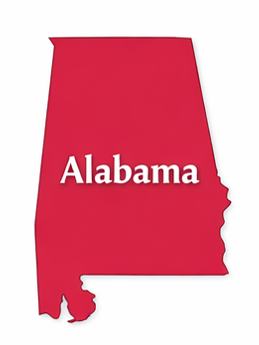 Red silhouette of the state of Alabama with the word "Alabama" in white
