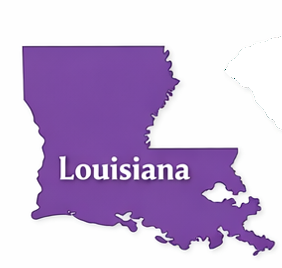 Purple map of Louisiana with the state's name in white centered over it.