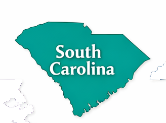 Outline map of South Carolina filled with teal color and labeled 'South Carolina' in white text