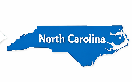 Blue outline map of North Carolina with white text reading "North Carolina" inside the state