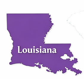 Purple silhouette map of Louisiana with the word 'Louisiana' written in white across the center.