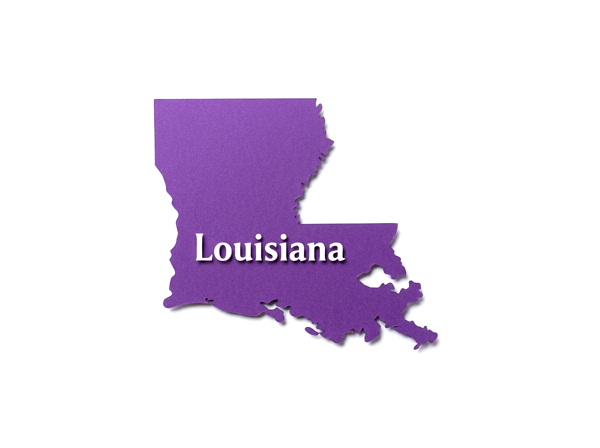 Purple map of Louisiana with the word 'Louisiana' written across it.