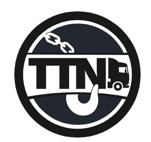 Towing and roadside assistance company logo with a truck silhouette and hook in a circular design
