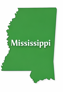 Green map of Mississippi with the state name in white