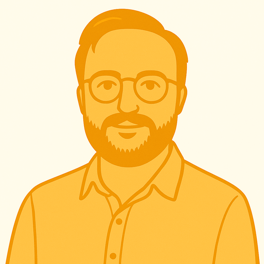 Digital illustration of a man with glasses, a beard, wearing a collared shirt.