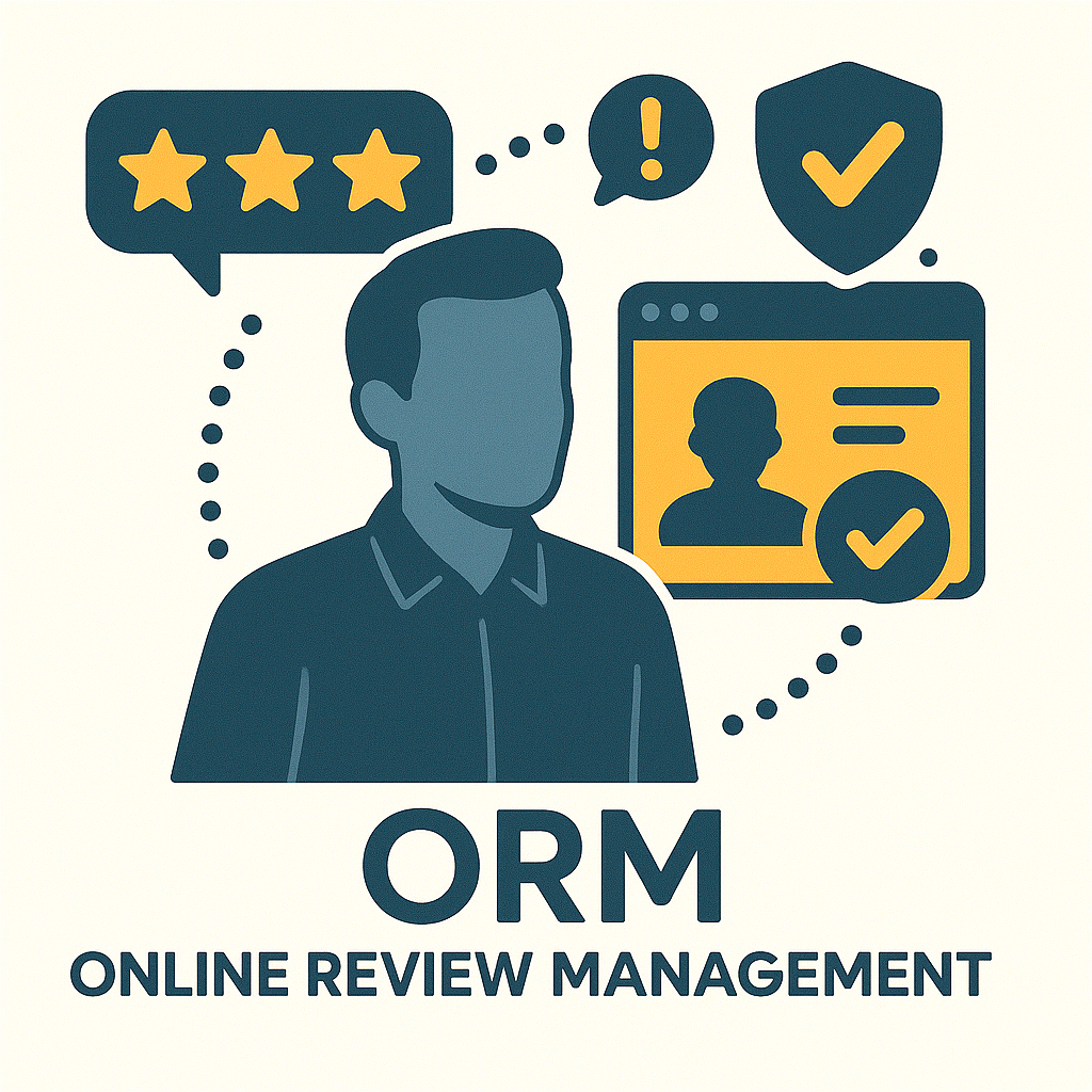 Graphic representing online review management with a person, star ratings, review icons, and confirmation checkmarks.