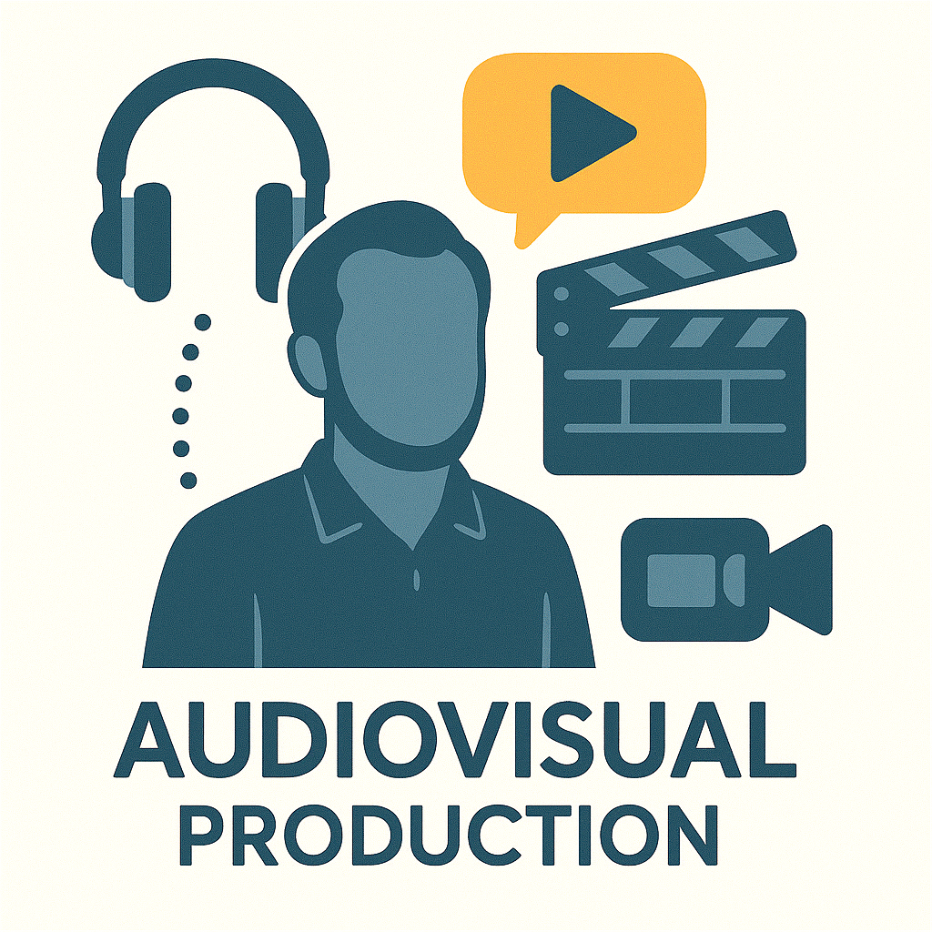 Illustration of a person surrounded by media equipment, including headphones, a film clapperboard, a video camera, and media icons, with the text "Audiovisual Production" at the bottom.