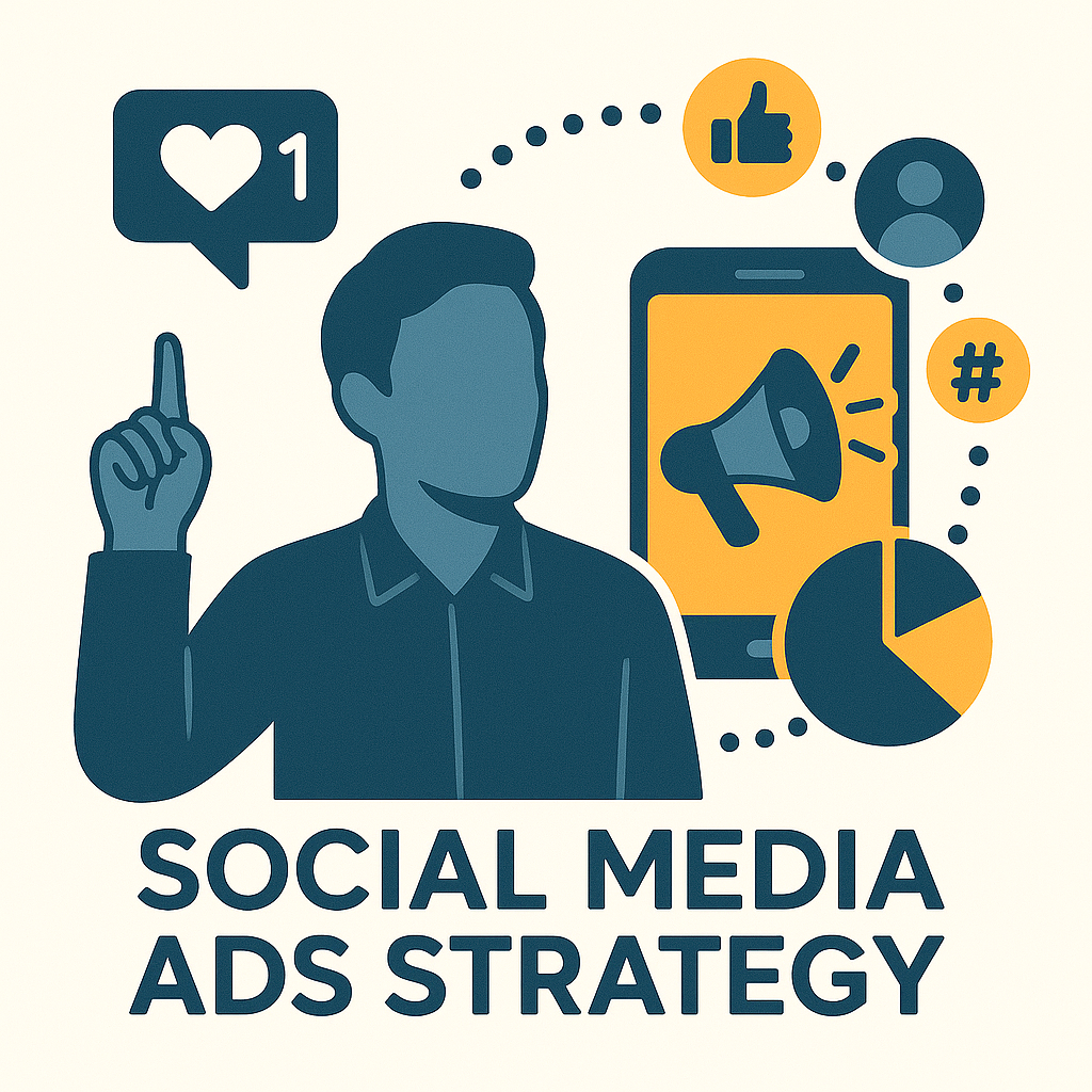 Illustration of a person pointing upward with social media icons around, including a thumbs-up, a heart, a phone with a megaphone, and a pie chart, with the text 'Social Media Ads Strategy' at the bottom.